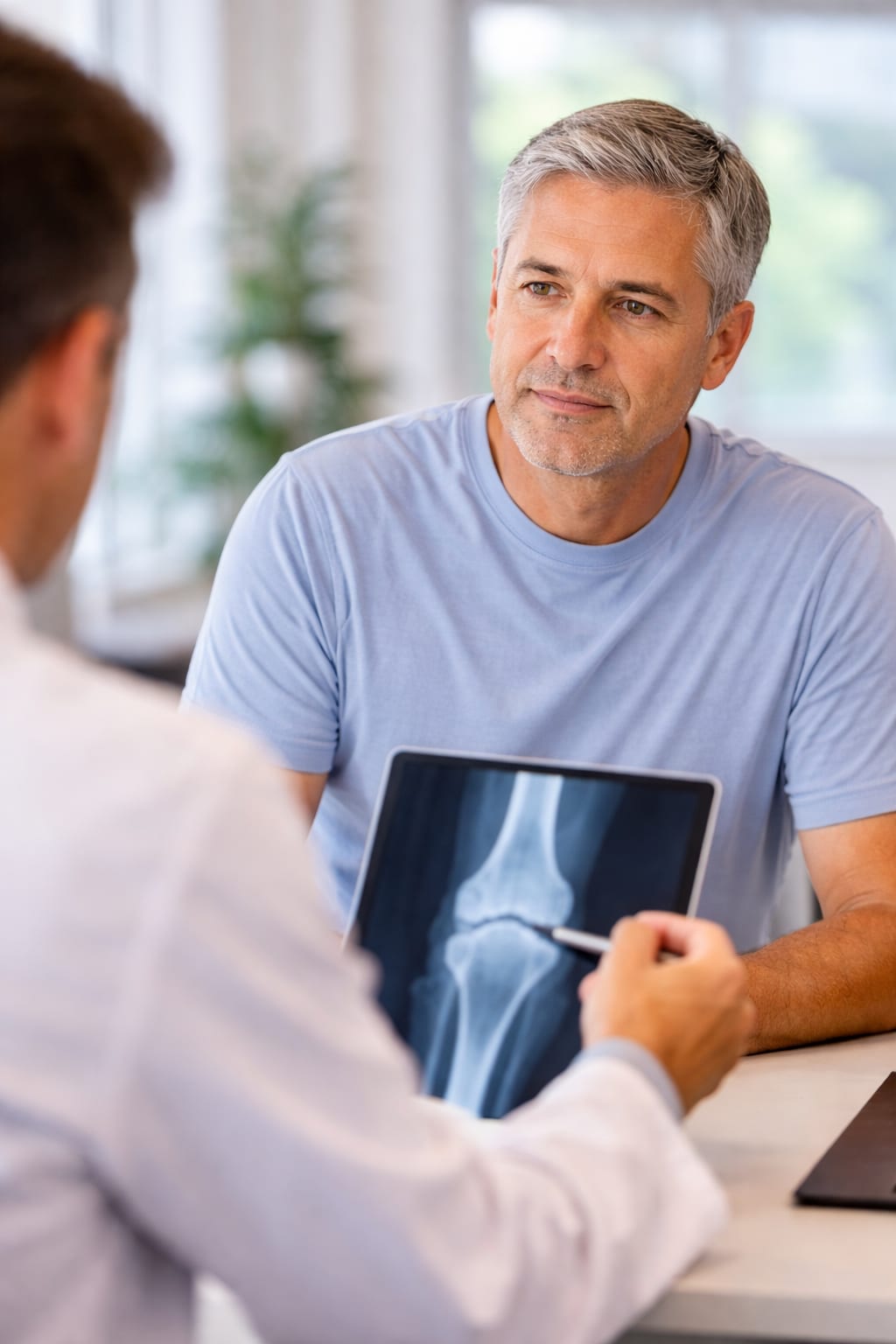 A doctor points to a knee X-ray on a tablet while discussing treatment options with a patient.