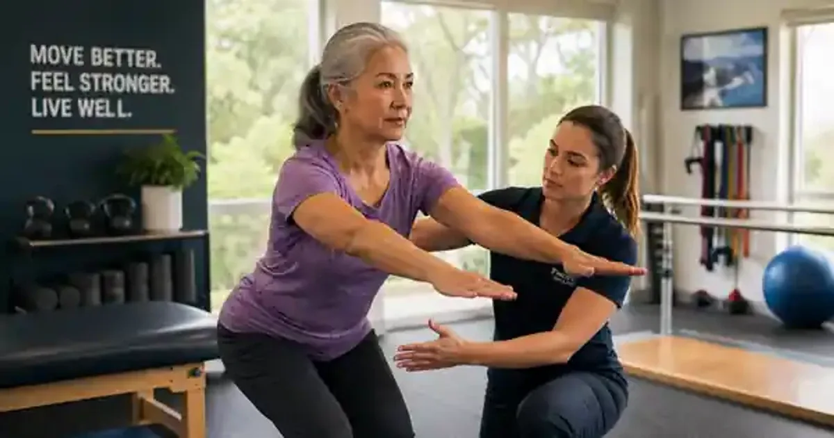 Physical therapist guiding an older woman through a supported squat in a rehab gym.
