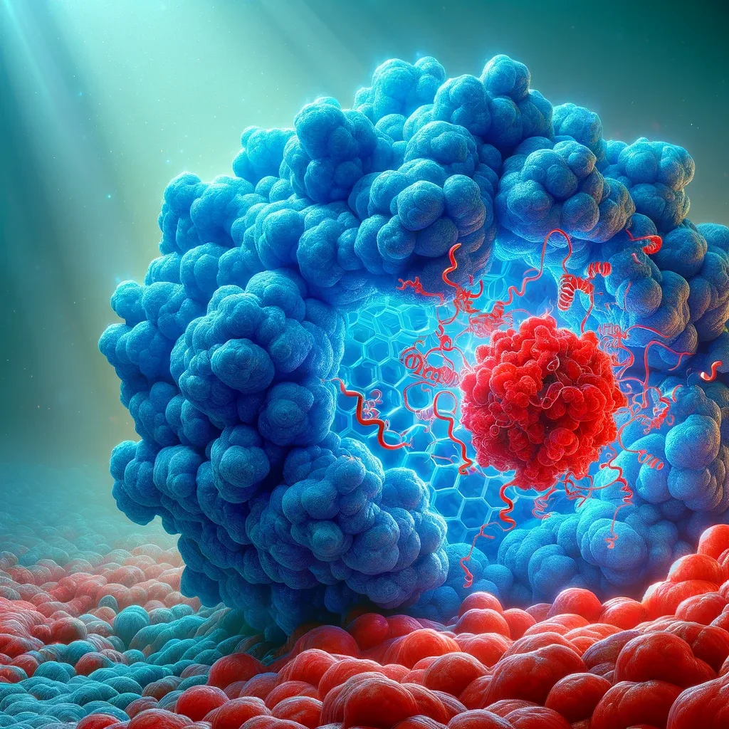 Scientific illustration of a blue alpha-2-macroglobulin molecule engulfing a smaller red enzyme.