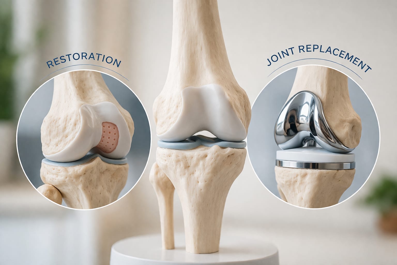 Knee models comparing cartilage restoration with a metal total knee replacement implant.