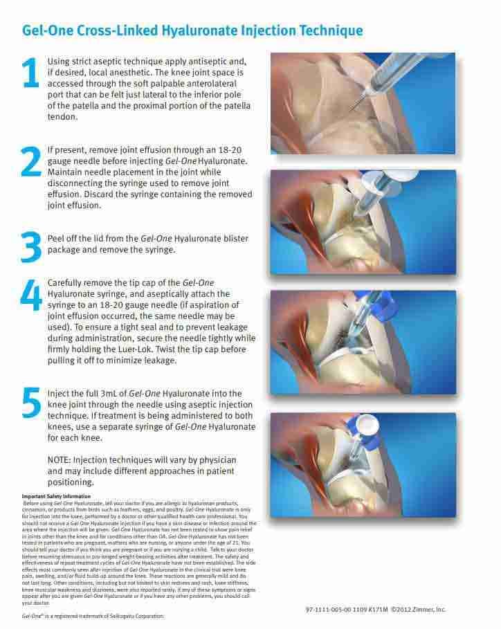 Gel-One cross-linked hyaluronate knee injection technique sheet with step-by-step anatomical illustrations.