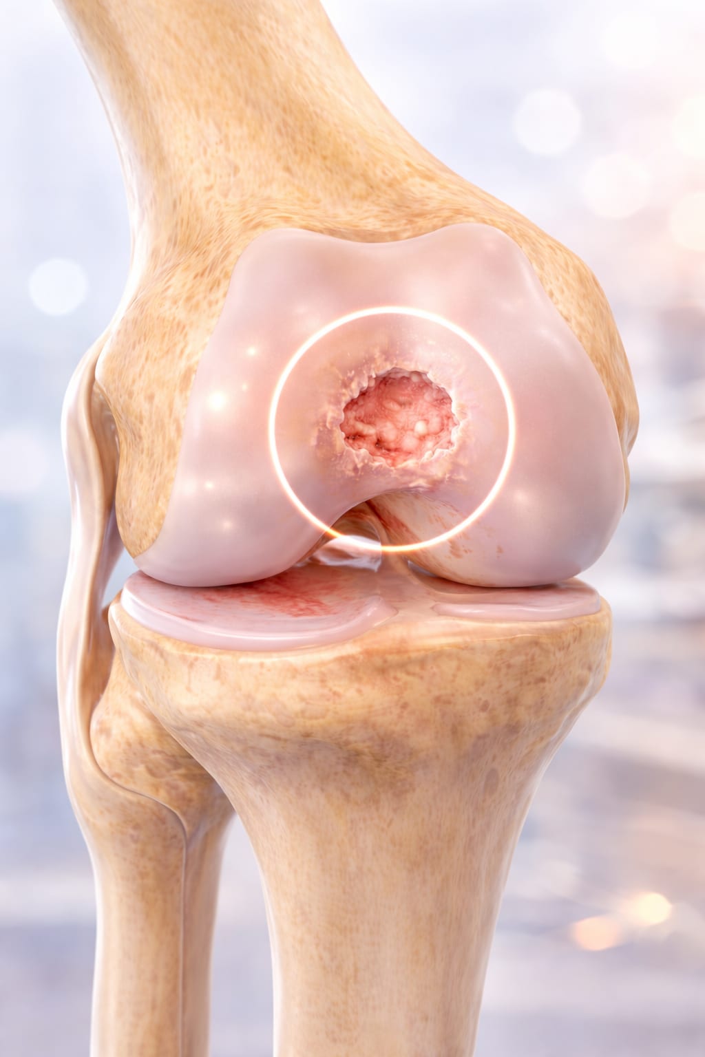 3D render of a knee joint highlighting a focal cartilage defect on the femoral condyle.