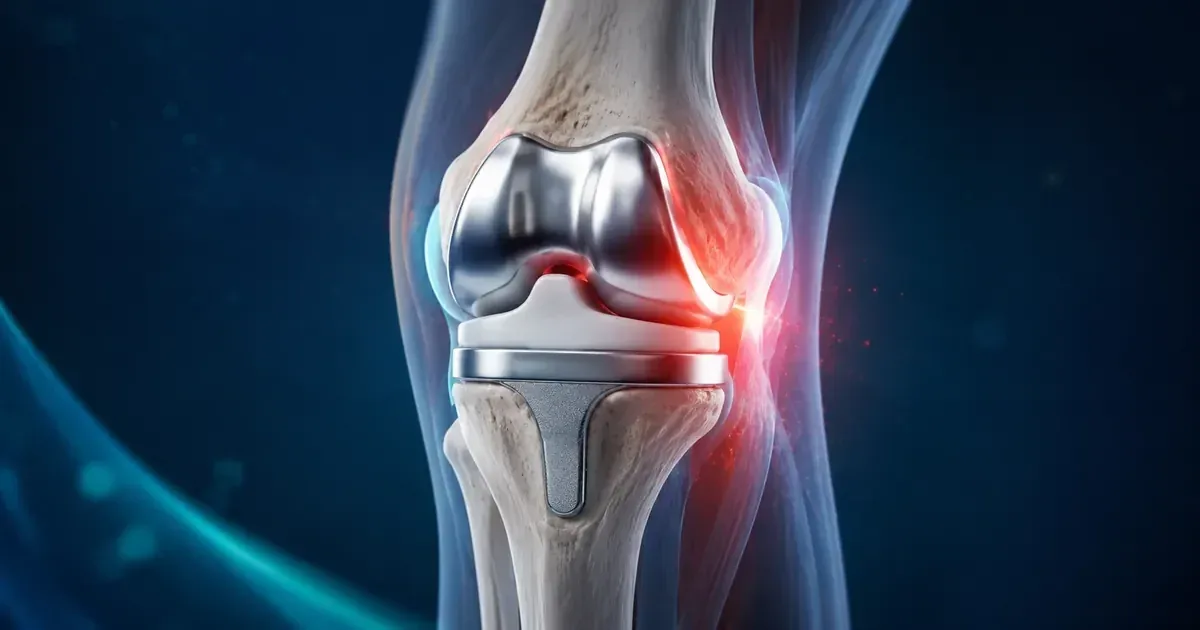 3D illustration of a total knee replacement implant with red inflammation highlighted around the joint, depicting a painful knee replacement.
