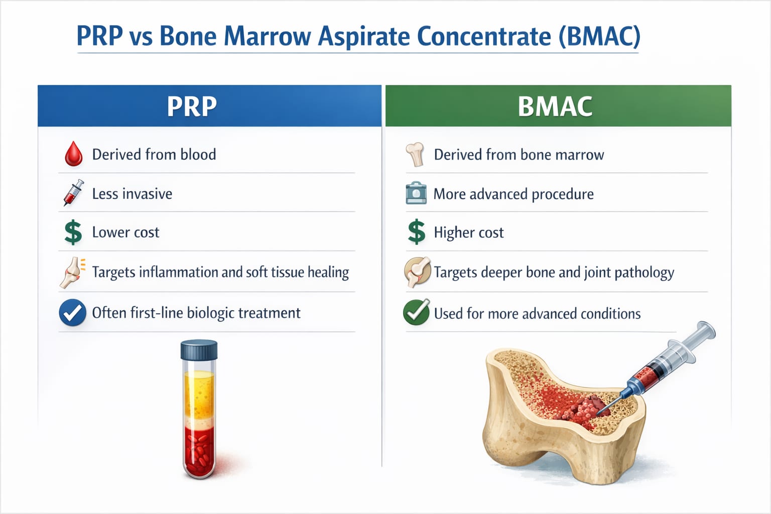 Infographic comparing platelet-rich plasma with bone marrow aspirate concentrate, including cost, invasiveness, and best uses.
