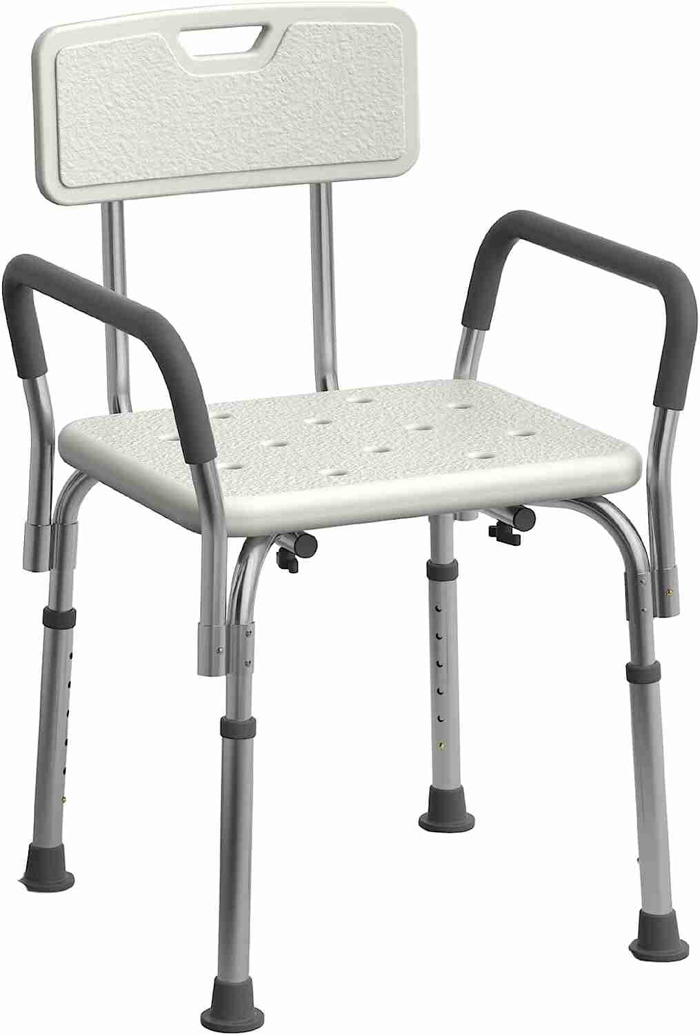 An adjustable shower chair with armrests recommended for safe bathing after joint replacement surgery.