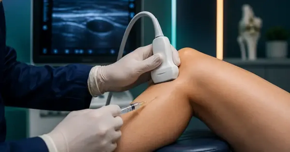 Clinician using an ultrasound probe to guide a needle for Baker's cyst aspiration at a patient's knee.