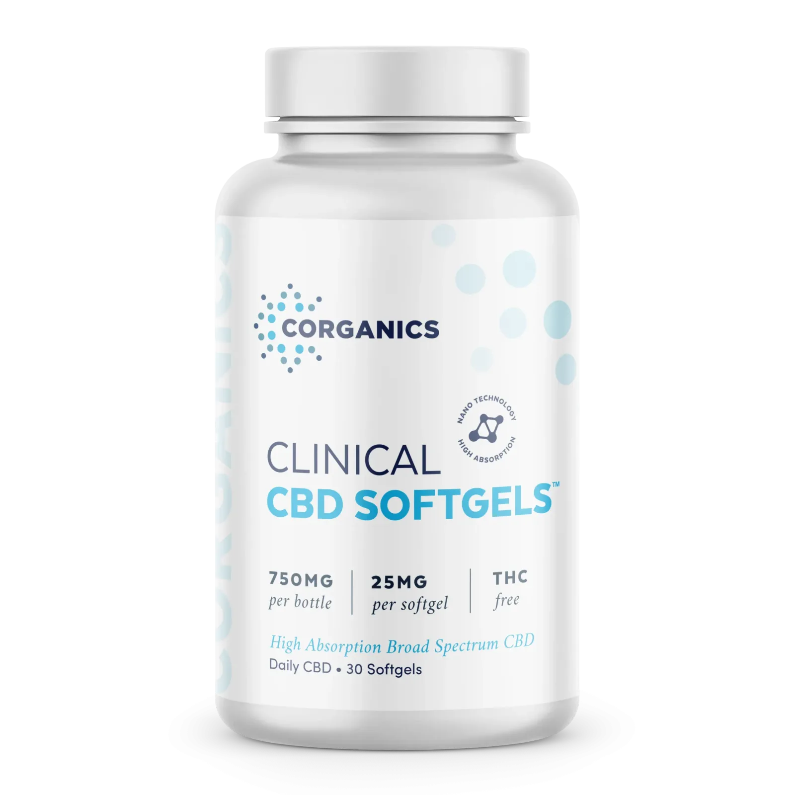 Bottle of Corganics Clinical CBD Softgels, the THC-free, clinical-grade CBD recommended through the practice.
