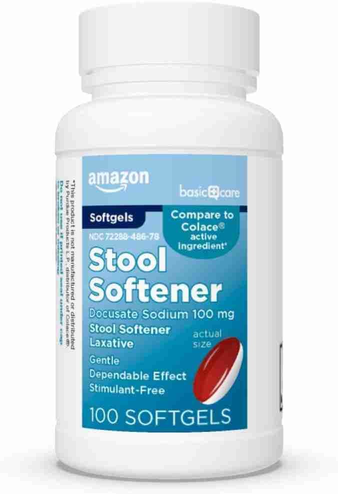 Bottle of docusate sodium 100 mg stool softener, commonly recommended after joint replacement surgery.