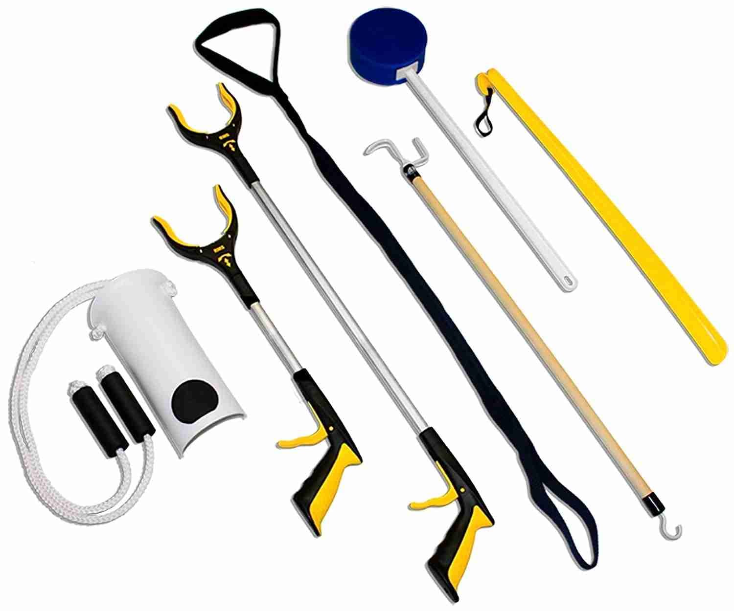 Hip replacement recovery kit with reachers, sock aid, long shoehorn, sponge, and dressing stick.