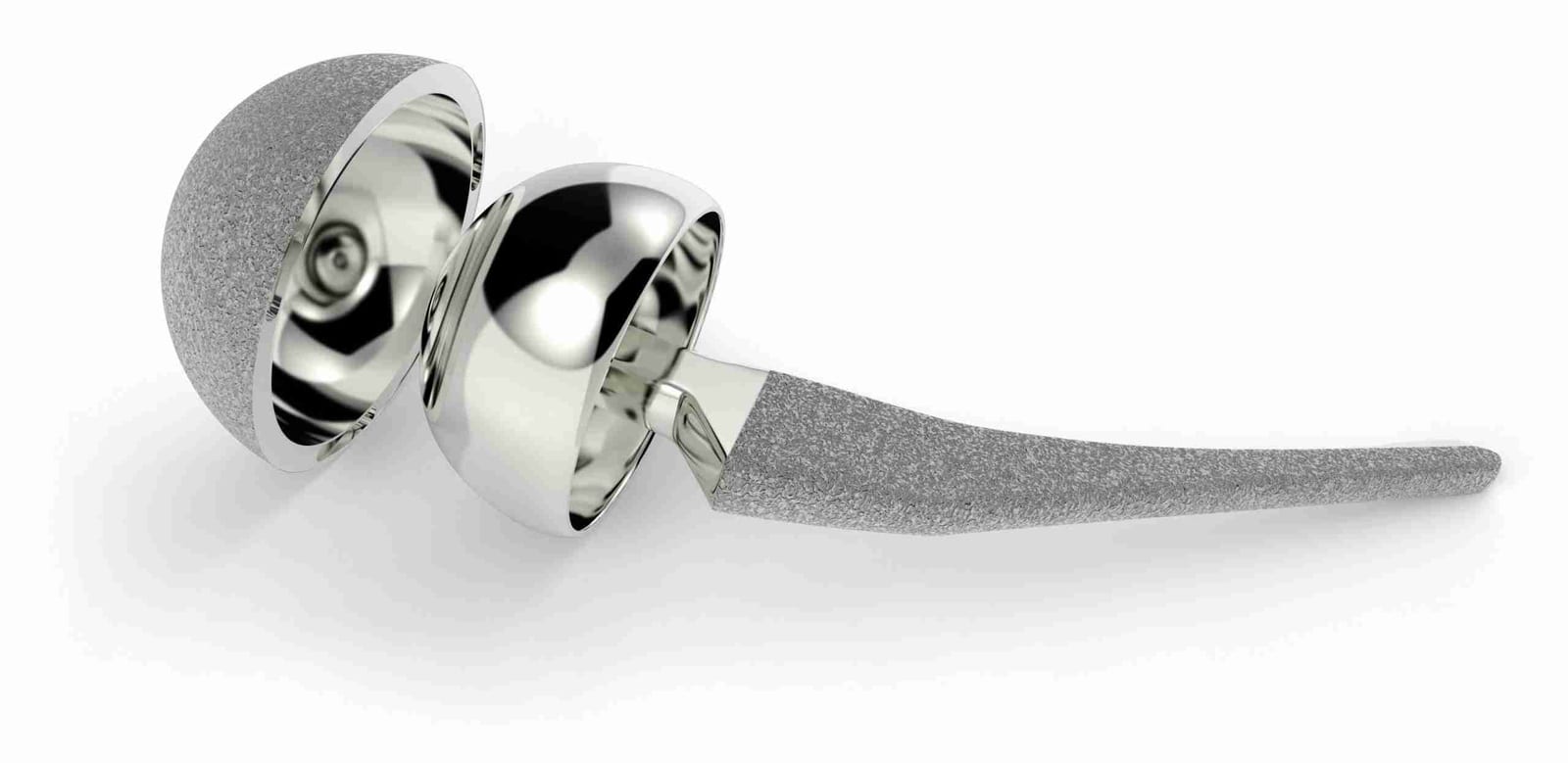 Metal-on-metal total hip replacement implant showing the cobalt-chrome ball, cup, and femoral stem.