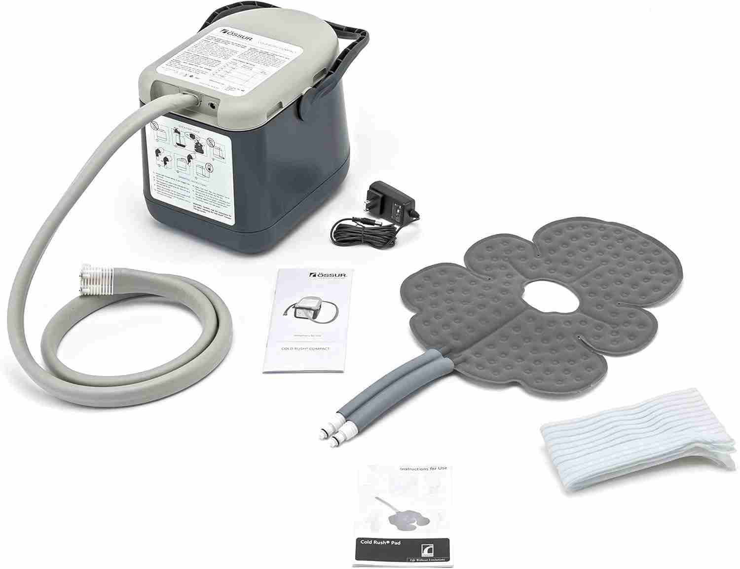 Össur Cold Rush cold therapy machine with hose and contoured pad used to reduce swelling after joint replacement.