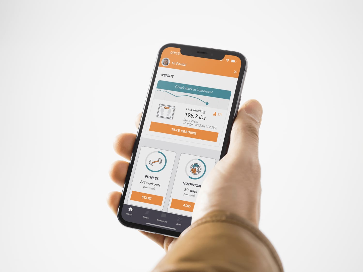 A hand holds a smartphone showing the PrescribeFIT app's weight-tracking dashboard.