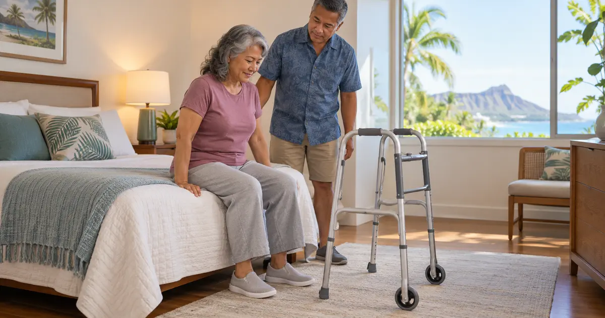 Fictional older adult practicing a safe bed transfer after joint replacement while a caregiver stands nearby