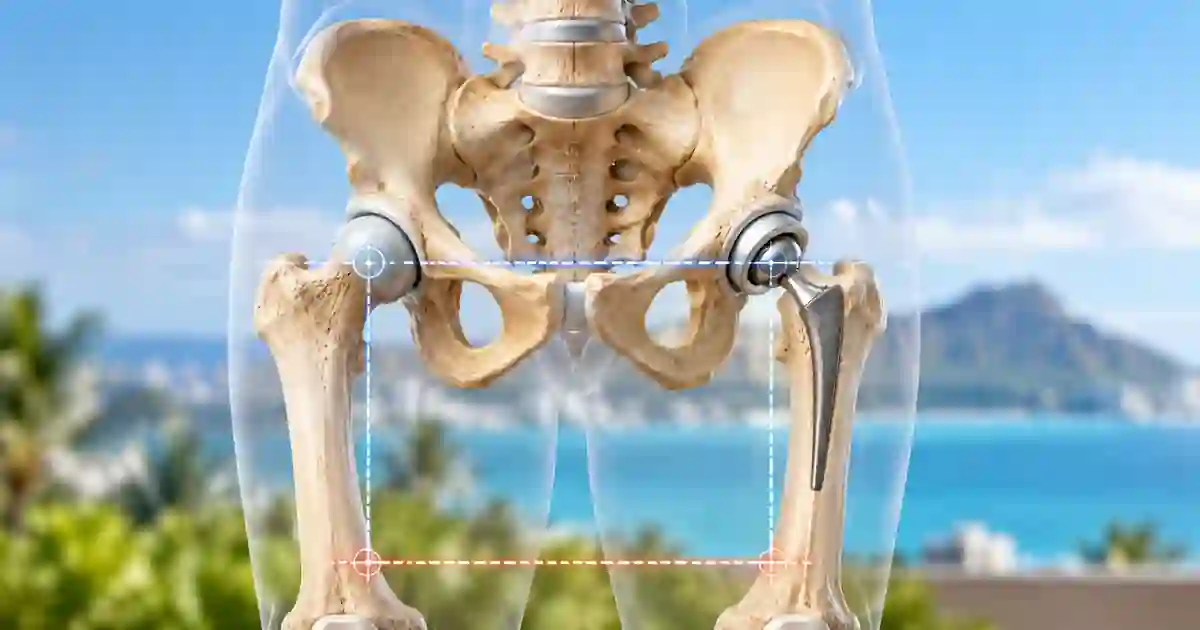 Medical illustration of a pelvis with a total hip replacement on one side and the natural opposite hip, with a Hawaii coastline in the background