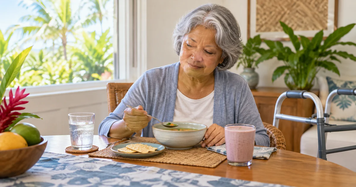 Fictional older adult recovering at home after joint replacement with water, soup, crackers, and a small protein smoothie