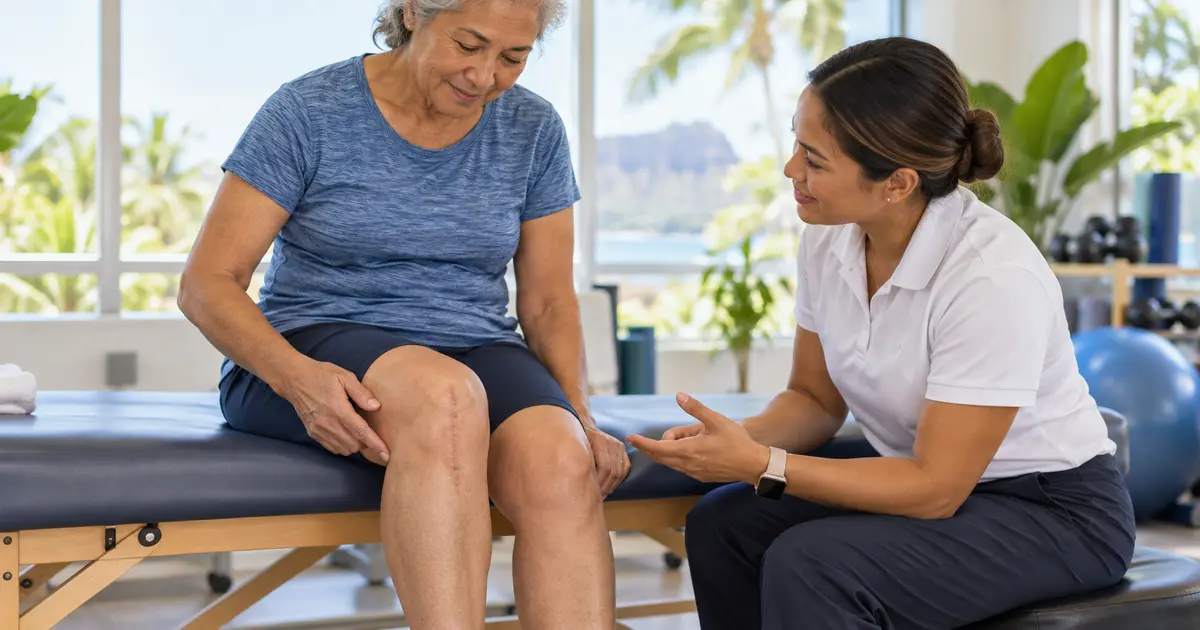 Fictional older adult gently touching the outer side of a fully healed knee replacement scar while discussing sensation with a physical therapist
