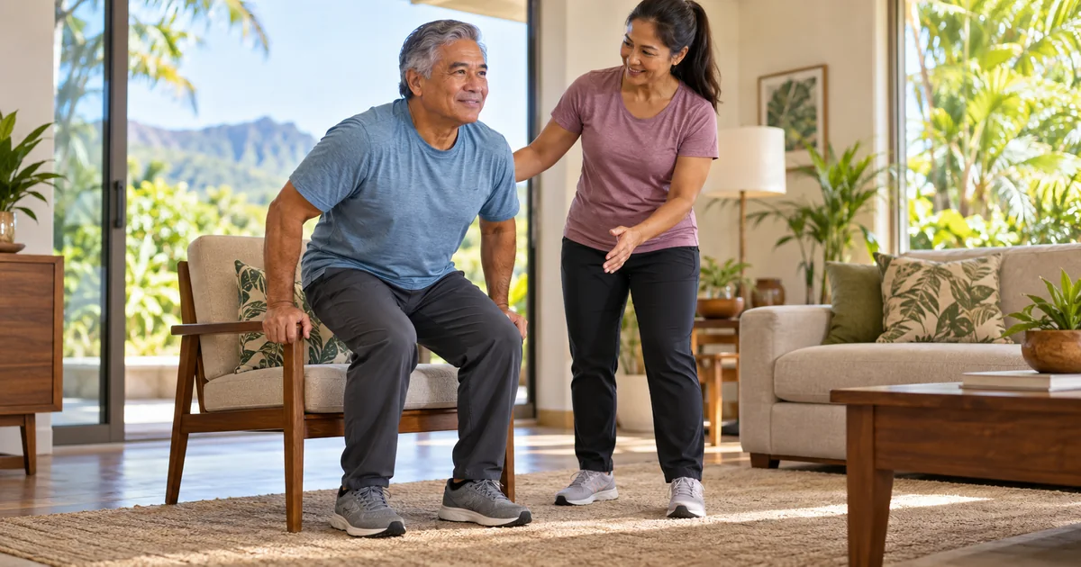 Fictional older Hawaii adult practicing a safe sit-to-stand exercise with a supportive coach before joint replacement