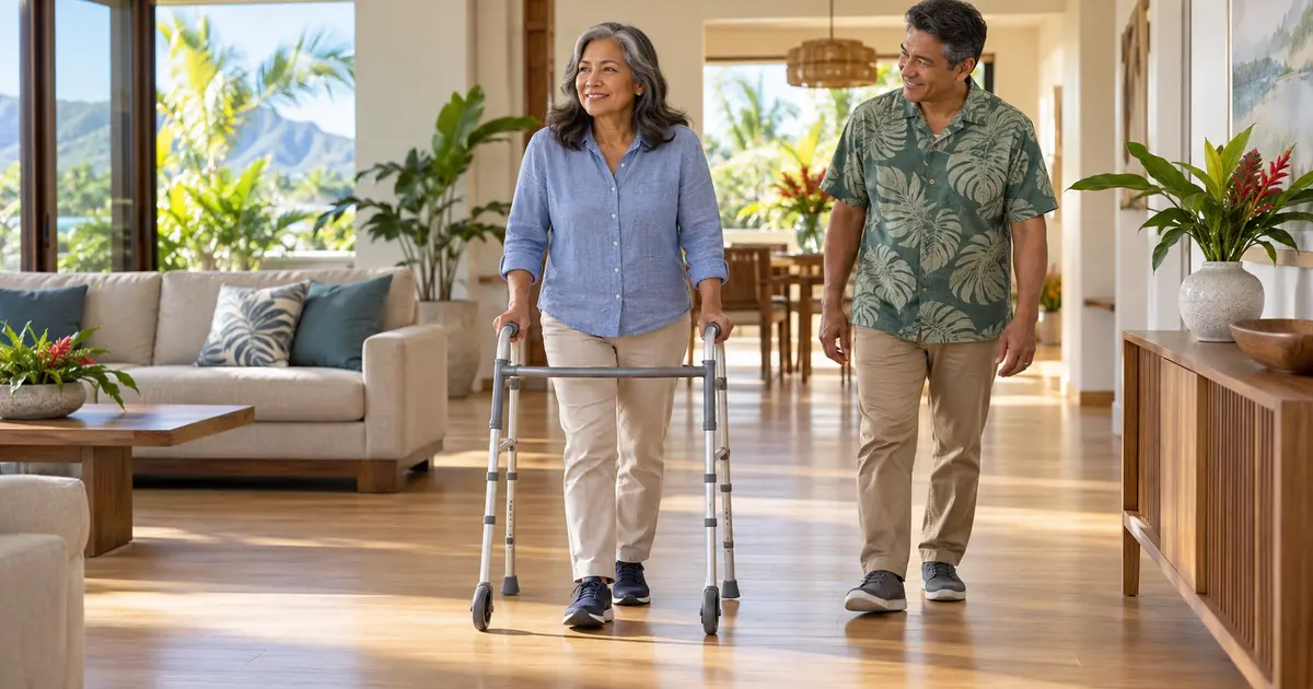 Fictional Hawaii adult in full-length clothing using a walker safely in a bright, uncluttered home after joint replacement