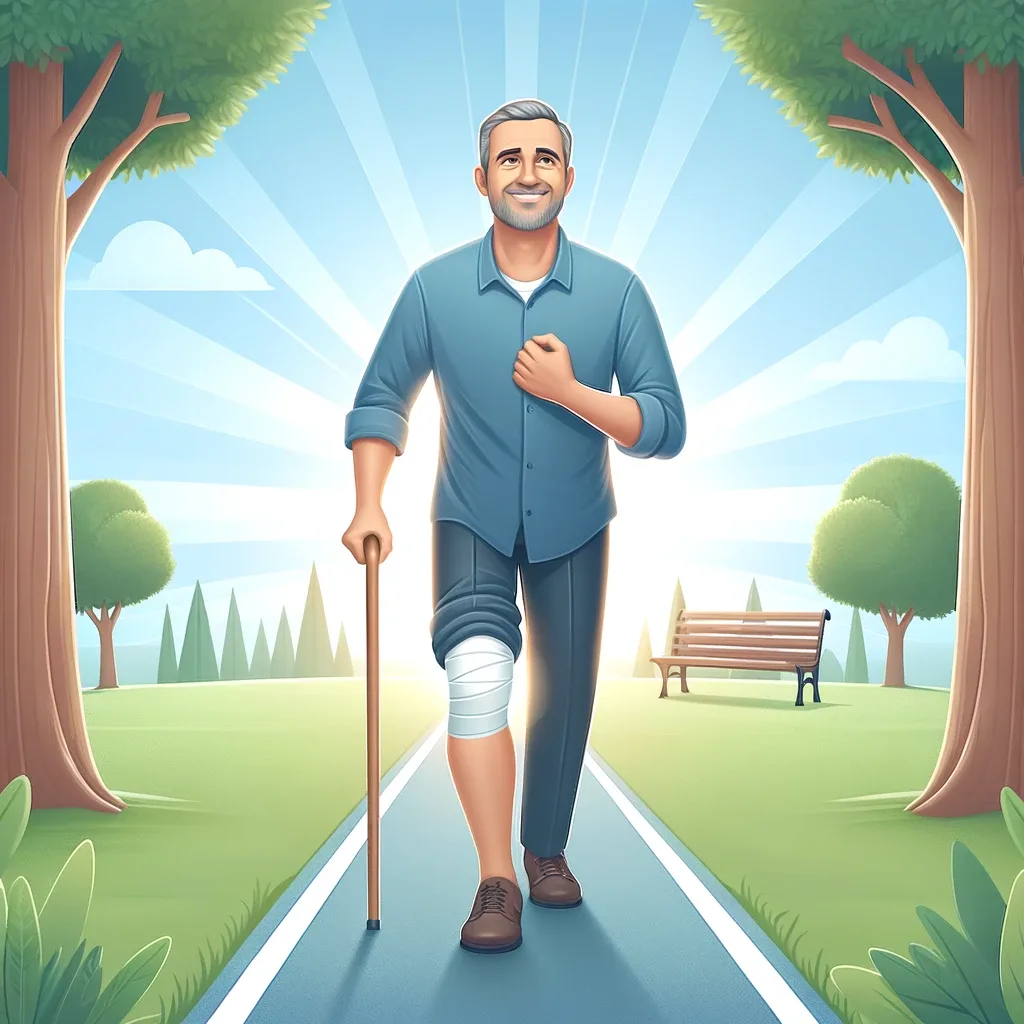 Illustration of a patient walking during early recovery after knee replacement surgery