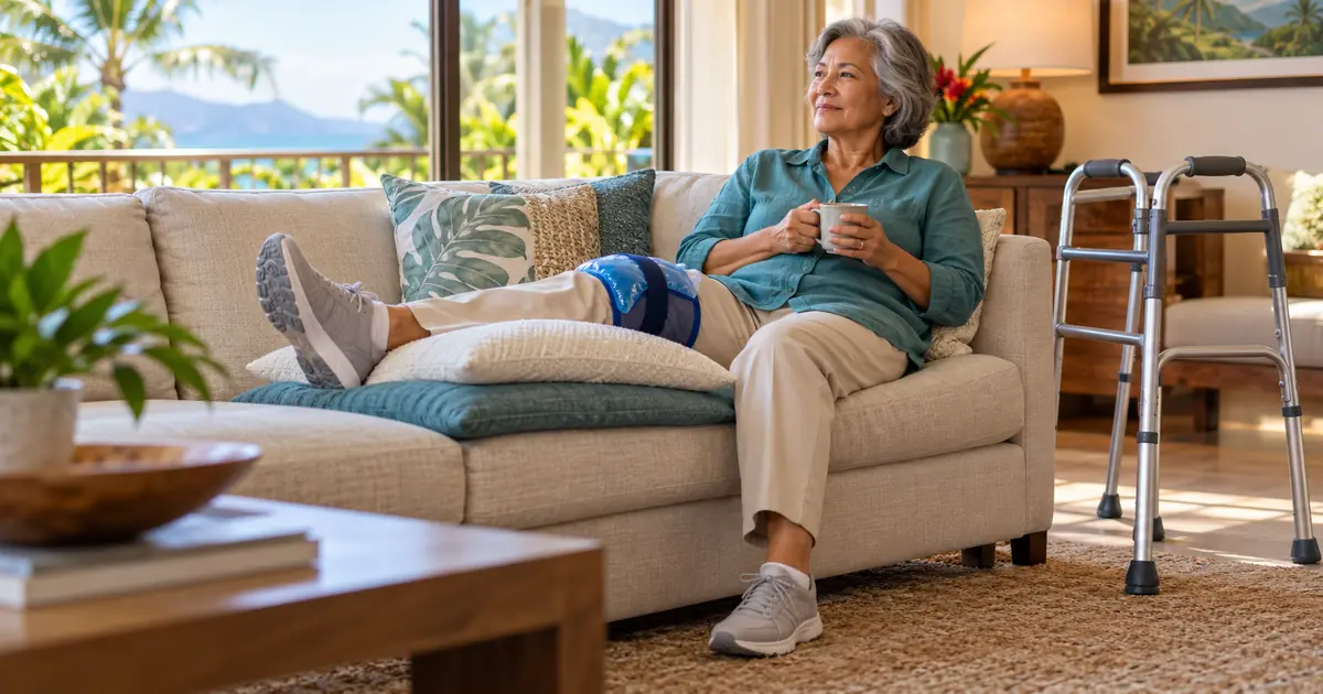 Fictional older adult in full-length clothing elevating the operated leg with a wrapped cold pack during knee replacement recovery at home