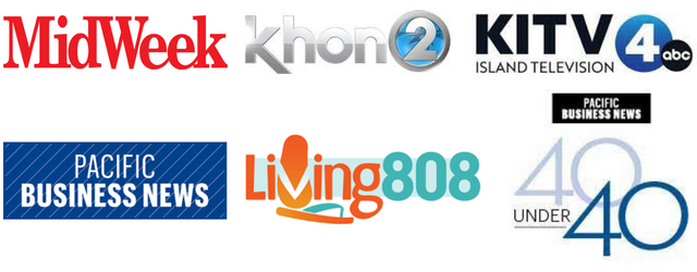 Logos of Hawai‘i media that have featured Dr. Morton — MidWeek, KHON2, KITV4 Island Television, Pacific Business News, and Living808.