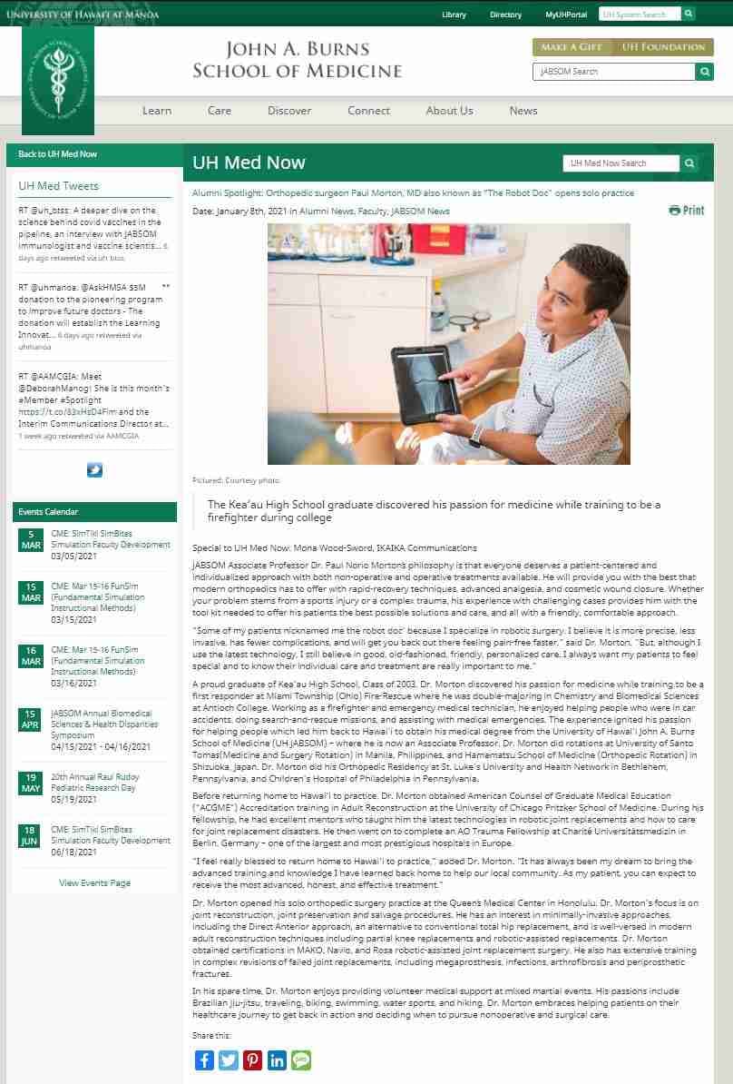 John A. Burns School of Medicine alumni spotlight article featuring Dr. Paul Morton, known as The Robot Doc.