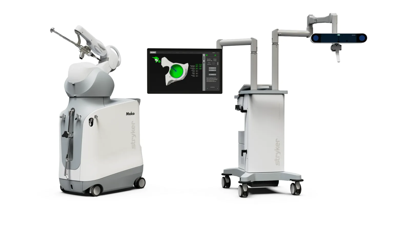 The Stryker Mako system: robotic arm, a guidance screen showing the planned acetabular cup on a 3D pelvis model, and the tracking camera on its stand.