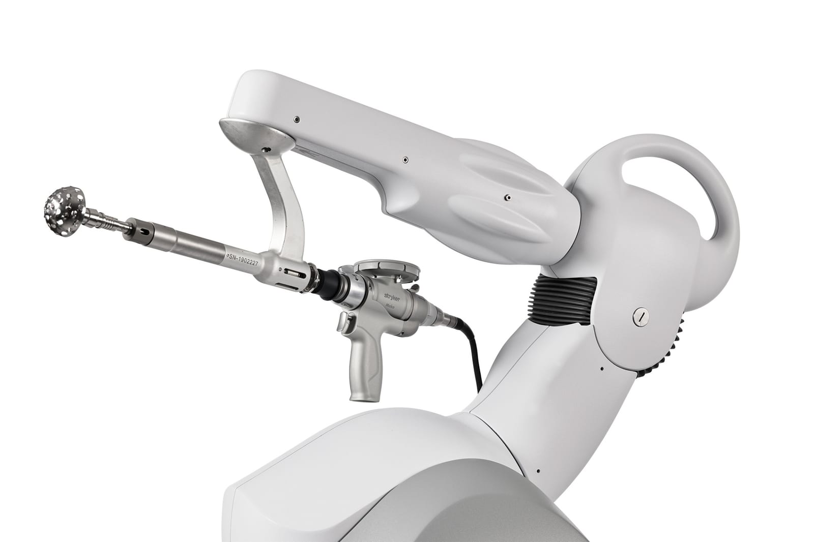 Close-up of the Mako robotic arm holding an acetabular reamer.